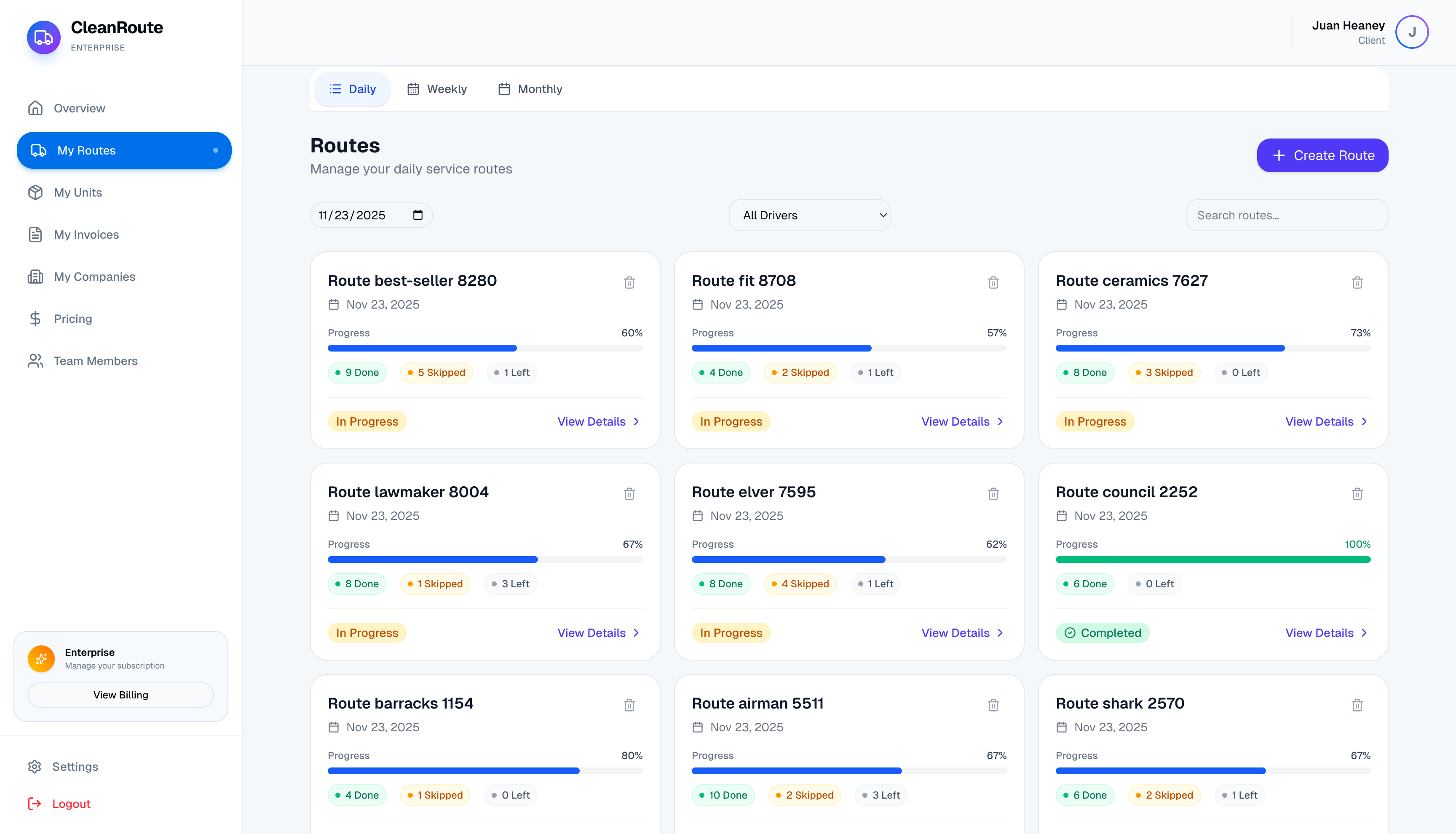 CleanRoute Dashboard Preview