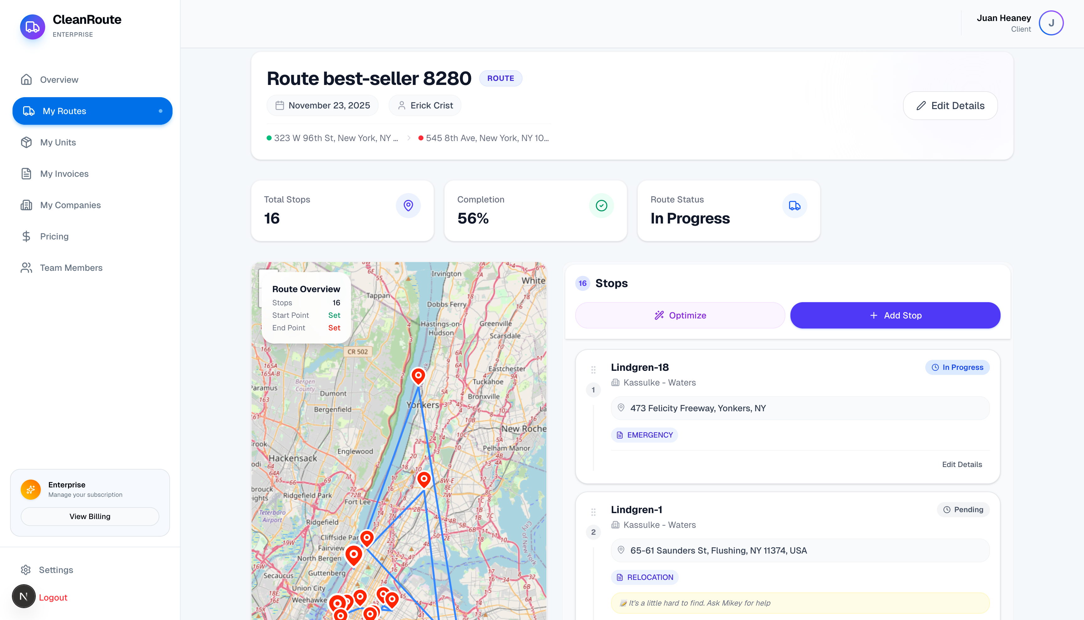 CleanRoute Dashboard Preview